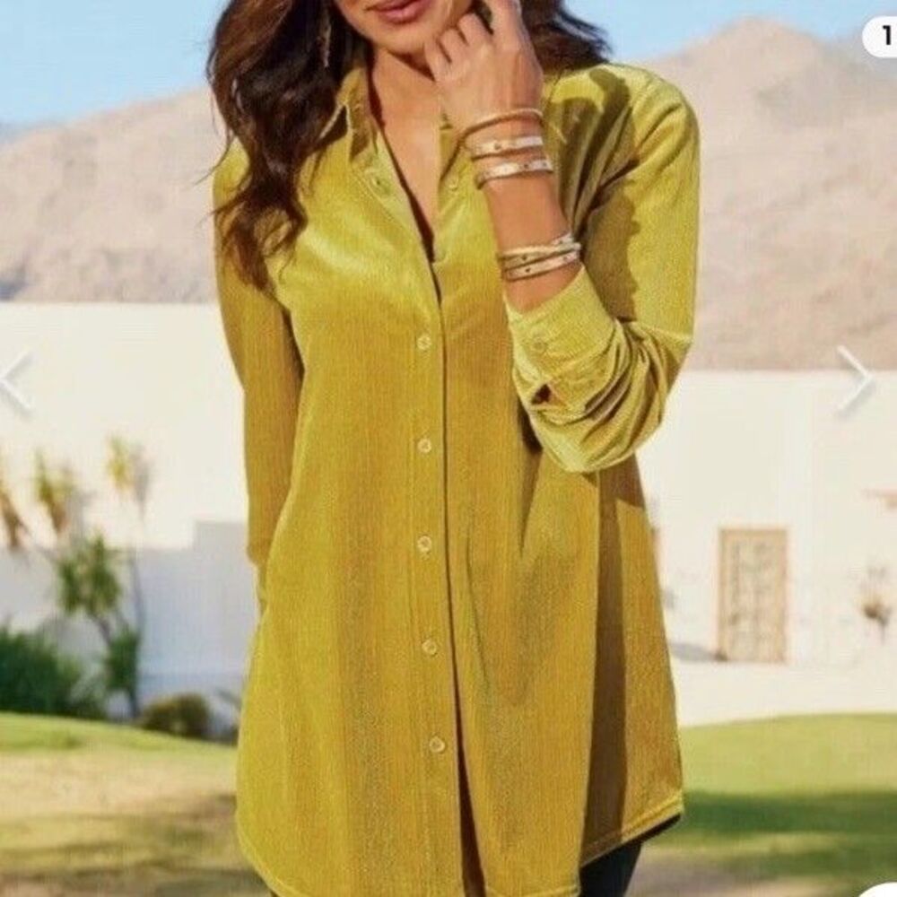 Soft Surroundings Textured Velvet Boyfriend Shirt Amber Green XL